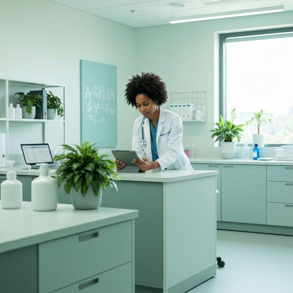 A researcher examining clinical data in a modern lab environment
